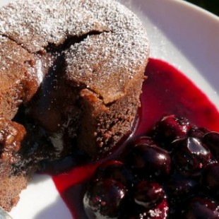 HOT CHOCOLATE FONDANT WITH BLACKCURRANT COULIS
