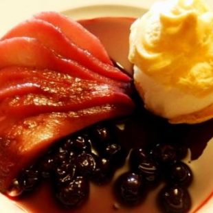 PROFITEROLES WITH PEAR SORBET AND CARAMELIZED PEAR WITH WINE AND BLACKCURRANT SAUCE