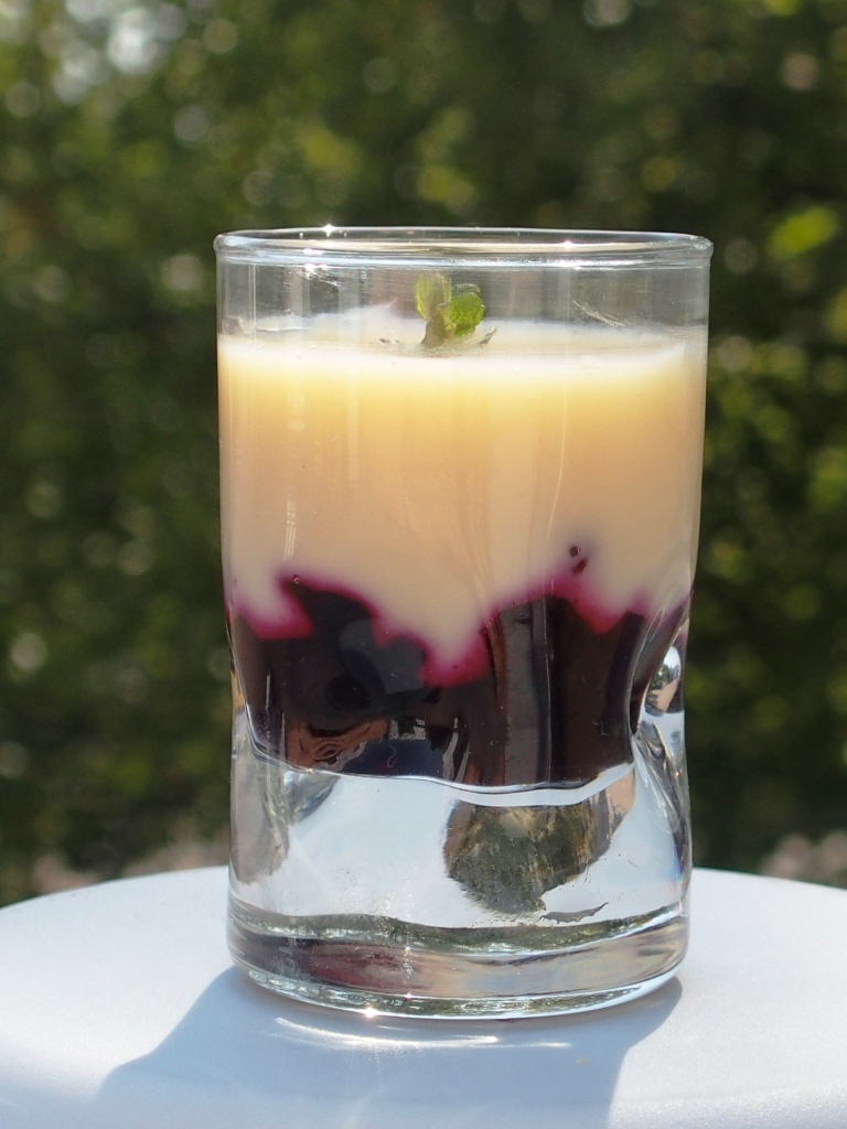 glass garnished with white chocolate panna cotta and blackcurrant compote basis