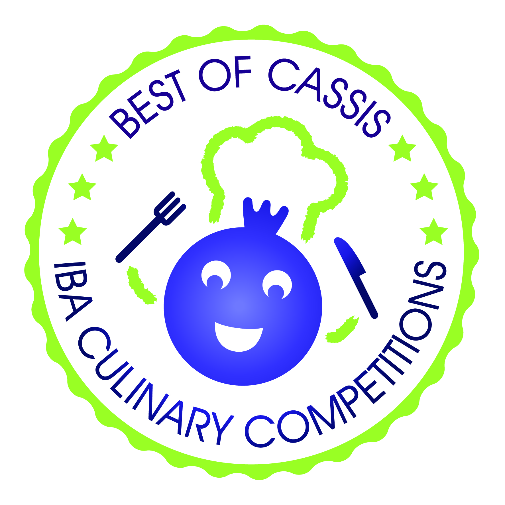 round logo in green and violet, showing a blackcurrant with fork and knife in hands and a chef's hat. The name is "best of cassis" - "IBA culinary competitions"