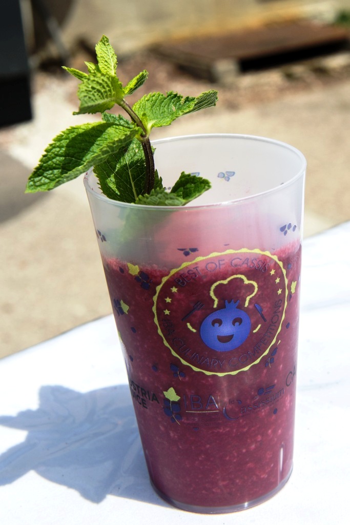 ecocup "Best of Cassis", with strawberry, watermelon & blackcurrant smoothie, with a twig of mint in it